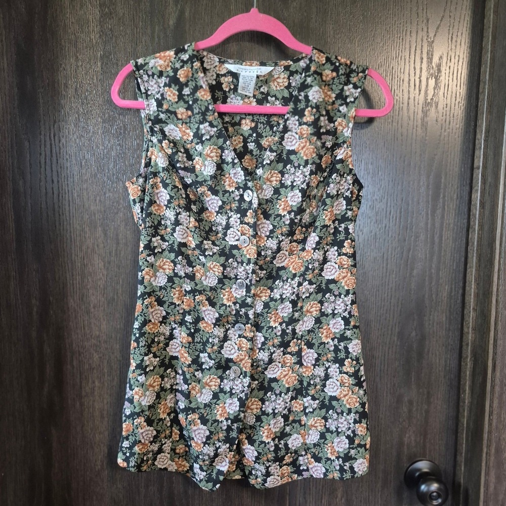 Vintage Floral Button Up Blouse  Black Rust Sage Green Cottagecore 7/8